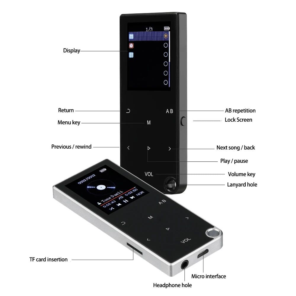 2.4-inch Screen Bluetooth5.0 Mp3 Player Touch Key Portable Audio Lossless Music Hifi Walkman FM/Ebook/Recorder/MP4 Video Player