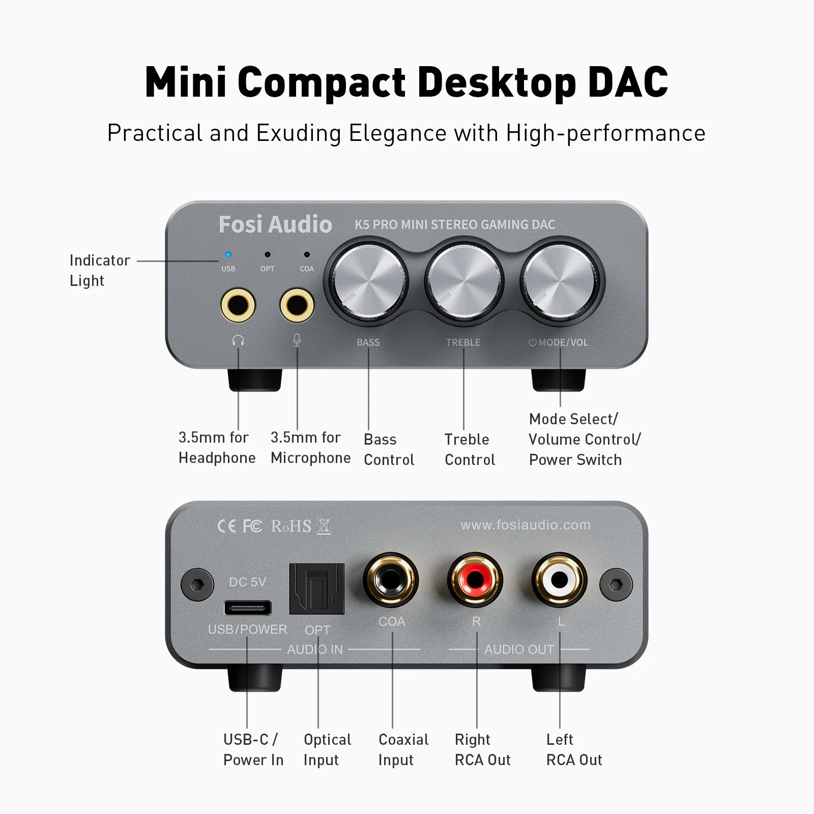 Fosi Audio K5 PRO USB Gaming DAC with Microphone & Headphone Amplifier