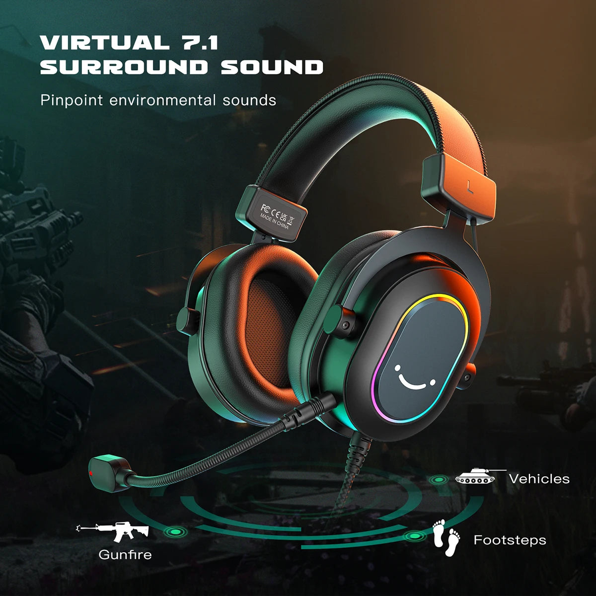 Vortex RGB Gaming Headset with Mic - Over-Ear 7.1 Surround Sound Headphones for PC, PS4, PS5 & Xbox